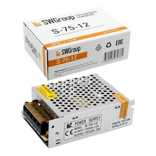 Блок питания SWG 12V 75W IP20 6,3A S-75-12 000298 Блок питания SWG 12V 75W IP20 6,3A S-75-12 000298