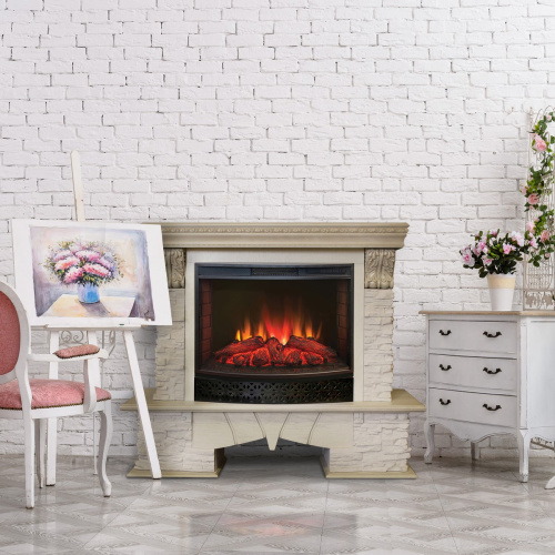 Каминокомплект ROCKLAND LUX/ЧЕЛСИ ЛЮКС Белый дуб с золотой патиной с очагом Электроочаг EVRIKA 25.5 фото 3