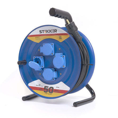 Удлинитель на металлической катушке 4-местный с/з Stekker, PRF02-41-50, 50м, 3*2,5, серия Professional, синий фото 4