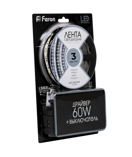 Светодиодная LED лента Feron LS606, 60SMD(5050)/m 14.4W/m 12V 3m 6500К с адаптером с вилкой в комплекте фото 5
