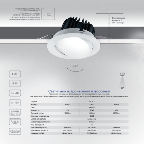 Светодиодный светильник Feron AL252 встраиваемый 20W 4000K белый серия MarketBright фото 2