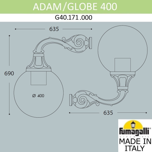 Светильник уличный настенный FUMAGALLI ADAM/GLOBE 400 G40.171.000.AYE27 фото 2 Светильник уличный настенный FUMAGALLI ADAM/GLOBE 400 G40.171.000.AYE27 фото 2