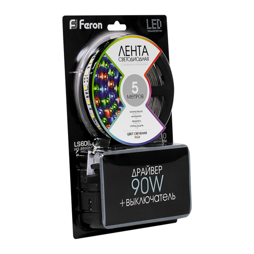 Светодиодная LED лента Feron LS606, 60SMD(5050)/m 14.4W/m 12V 5m RGB c адаптером с вилкой, контроллером с пультом в комплекте фото 3