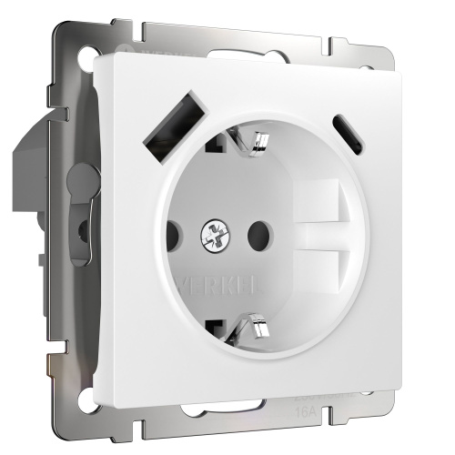 Розетка с заземлением, шторками и USB тип A+C (белый) W1171701 Розетка с заземлением, шторками и USB тип A+C (белый) W1171701