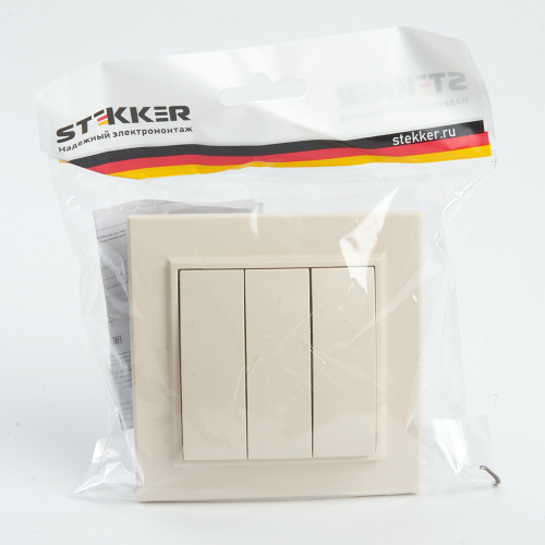 Выключатель 3-клавишный STEKKER  PSW10-9007-02, 250В, 10А, серия Эрна, слоновая кость фото 7