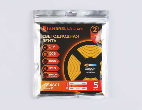 Светодиодная лента Ambrella Light GS4801 COB 616Led/19W m/ 24V IP20 3000K/ 5m*12mm*2mm (2 конт.) GS4801 фото 7
