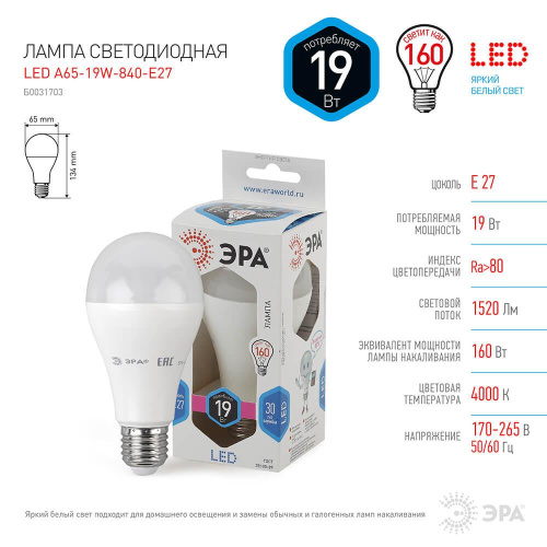 Лампа светодиодная ЭРА E27 19W 4000K матовая LED A65-19W-840-E27 Б0031703 фото 2