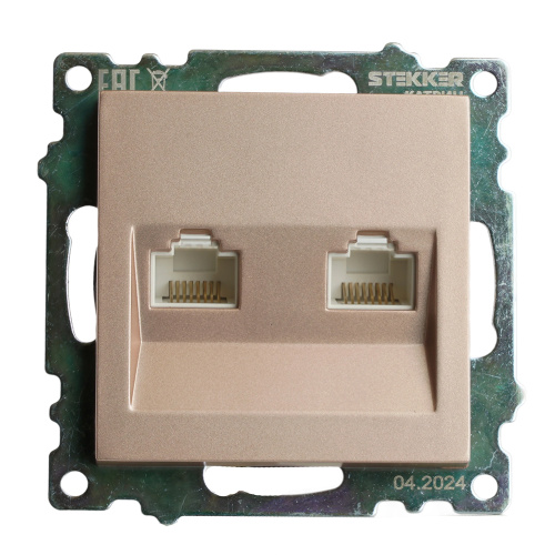 Розетка компьютерная 2-местная RJ-45 (механизм) STEKKER GLS00-7109-02, серия Катрин, шампань фото 6