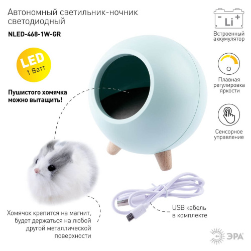 Светильник-ночник ЭРА Хомяк зеленый NLED-468-1W-GR Б0052817 фото 4