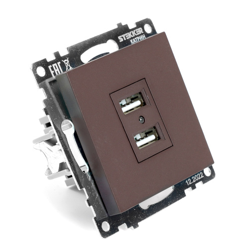 Розетка USB 2-местная (механизм), STEKKER GLS10-7115-04, 250B, 2,1А, серия Катрин, шоколад фото 6