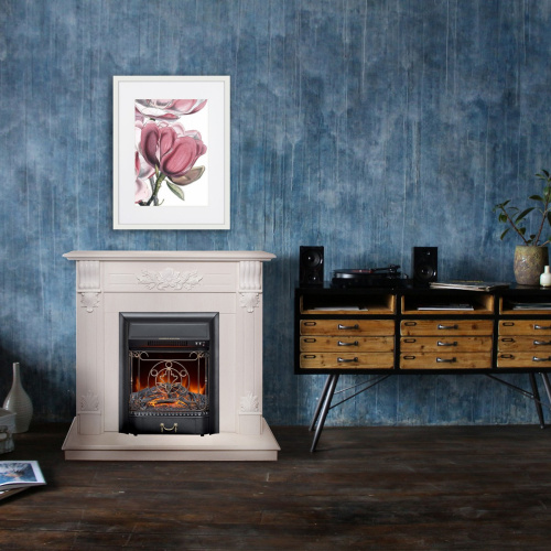 Каминокомплект OTTAWA/ПРАГА Белый фактурный с золотой патиной с очагом Электроочаг MAJESTIC LUX/МАДЖЕСТИК фото 4