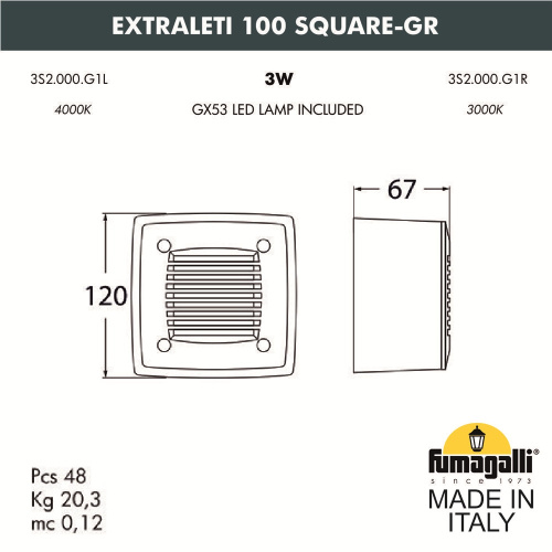 Светильник для подсветки лестниц накладной FUMAGALLI EXTRALETI 100 Square-GR 3S2.000.000.AYG1L фото 2 Светильник для подсветки лестниц накладной FUMAGALLI EXTRALETI 100 Square-GR 3S2.000.000.AYG1L фото 2