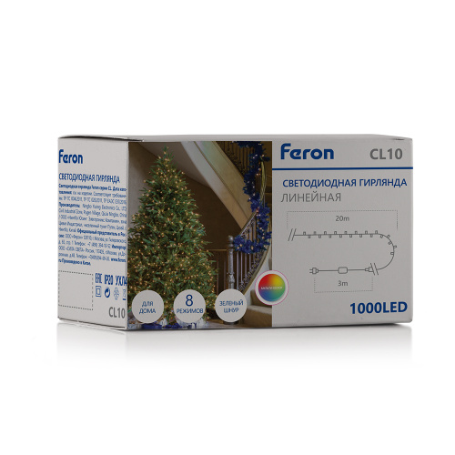 Светодиодная гирлянда Кластер Feron CL10 линейная 20м + 3м 230V мультиколор, c питанием от сети, зеленый шнур фото 2