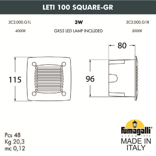 Светильник для подсветки лестниц встраиваемый FUMAGALLI LETI 100 Square-GR 3C2.000.000.LYG1L фото 2