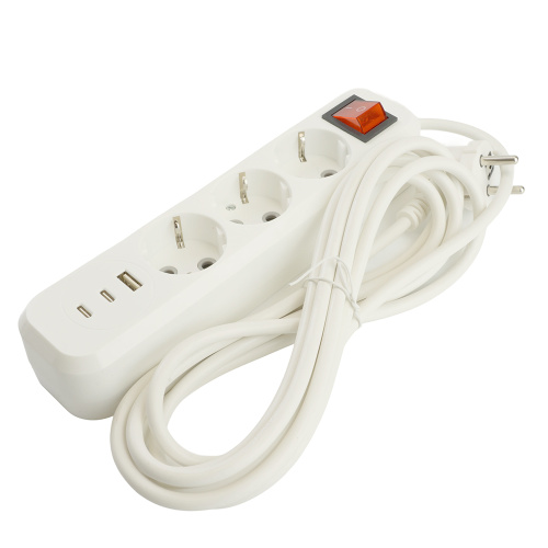 Удлинитель 3-местный с/з с выключ. STEKKER HM071-31-02 3x1мм2, 2м, 250В, 16А, 1USB+2C, 2.4A, сер Home, белый фото 5