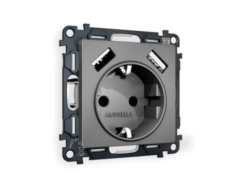 Комплект механизма электрической розетки AMBRELLA VOLT ALFA Антрацит серый 2USB A+A 18W (быстрая зарядка) с/з QUANT (AP6590, VM155) MA659010