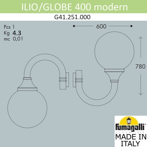 Fumagalli Светильник уличный настенный FUMAGALLI ILIO/GLOBE 400 modern G41.251.000.AZE27 фото 2 Fumagalli Светильник уличный настенный FUMAGALLI ILIO/GLOBE 400 modern G41.251.000.AZE27 фото 2