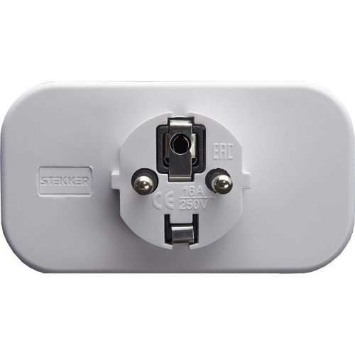Разветвитель сетевой 2-местный с/з STEKKER ADP16-22-20 250V, 16A, ABS огнеустойчивый пластик, белый фото 2