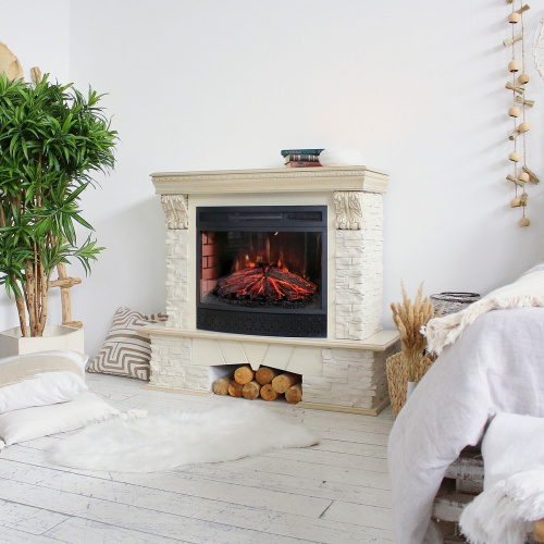 Каминокомплект ROCKLAND LUX/ЧЕЛСИ ЛЮКС Белый дуб с золотой патиной с очагом Электроочаг FIREFIELD 25 фото 6