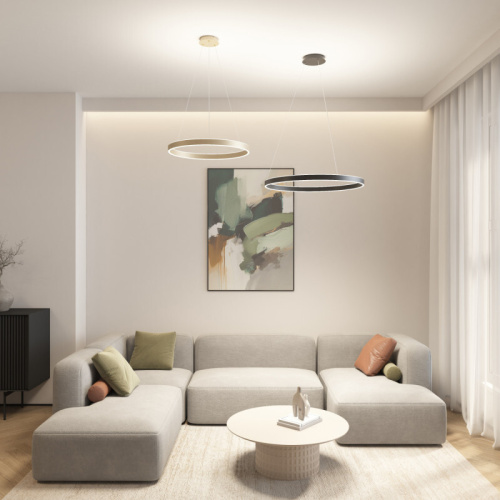 Светильник подвесной RAYDIA, 60 Вт, 3000–4000К, ?800?1500 мм, металл+акрил, матовое золото, свет вверх/вниз фото 8