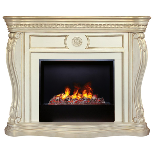 Каминокомплект BARCELONA/БАРСЕЛОНА Бежевый дуб с золотой патиной с очагом Электроочаг CASSETTE/КАССЕТА 630 С ДРОВАМИ