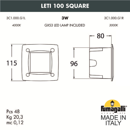 Светильник для подсветки лестниц встраиваемый FUMAGALLI LETI 100 Square 3C1.000.000.WYG1L фото 3