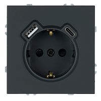 Розетка 1-местная з/ш с/з 16А + USB + Type C (механизм), Stekker, 250В, 20W, серия Эмили, черный уголь, soft-touch, RST16-5119-05