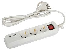 Удлинитель электрический ЭРА UB-3es-1,5m-USB c заземлением с выключателем 3 розетки + 1xUSBA+1xUSBC 1,5м 10А Б0052897