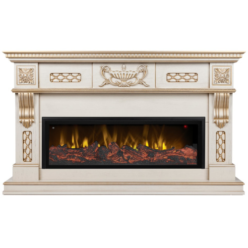 Каминокомплект CORSICA/МАЛАГА Бежевый дуб с золотой патиной с очагом Электроочаг BEVERLY-S MULTY/БЕВЕРЛИ МУЛЬТИКОЛОР