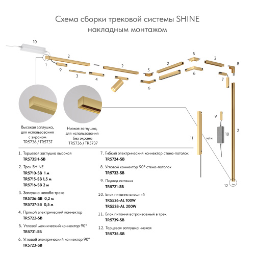 Трек SHINE BASE, 2м, 48В DC, IP20, сатинированная латунь, алюминий фото 3