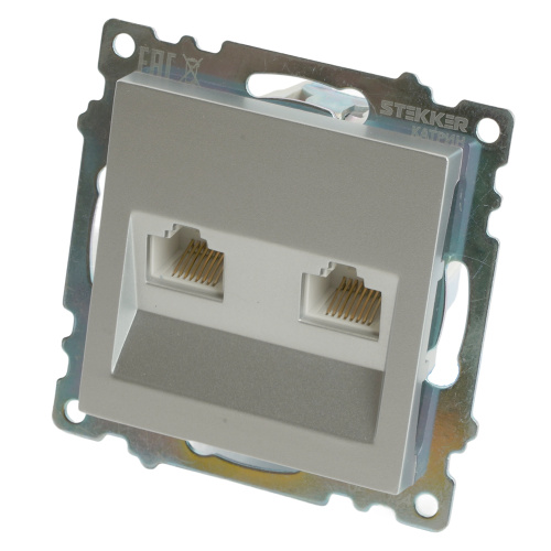 Розетка компьютерная 2-местная RJ-45 (механизм) STEKKER GLS00-7109-03 , серия Катрин, серебро фото 2
