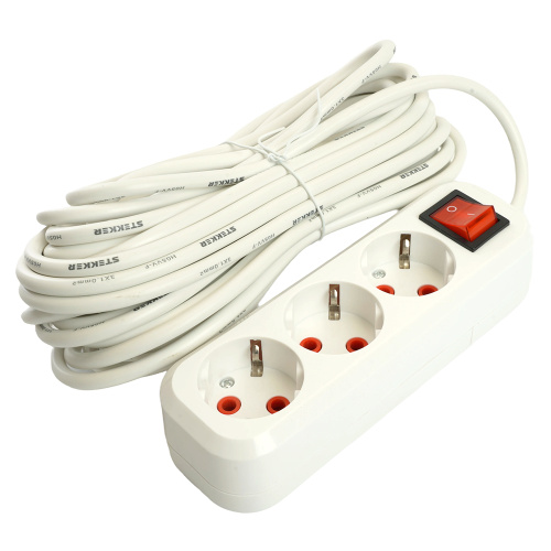 Удлинитель трехместный с/з  с выключ. STEKKER HM07-31-05 3x1мм2, 5м, серия Home (У16А-002), белый фото 7