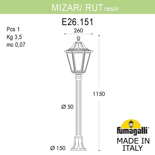 Fumagalli Садовый светильник-столбик FUMAGALLI MIZAR.R/RUT E26.151.000.BXE27 фото 2
