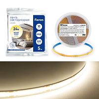 Светодиодная COB лента Feron LS530, 320SMD(2110) 10Вт/м 24V 5000*8*1.8мм 3000К IP20