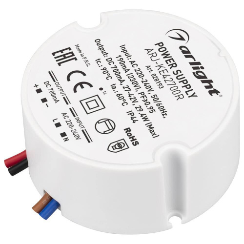 Драйвер Arlight ARJ-KE42700R 27-42V 29,4W IP44 0,7A 028193 Драйвер Arlight ARJ-KE42700R 27-42V 29,4W IP44 0,7A 028193