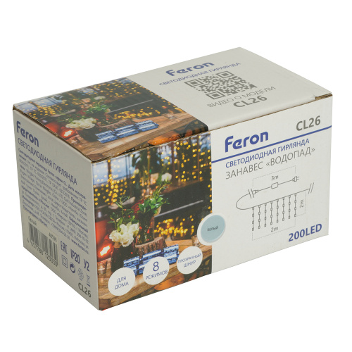 Светодиодная гирлянда Feron CL26 занавес Водопад  2*2м  + 3м 230V 5000К с контроллером, c питанием от сети, прозрачный шнур фото 3