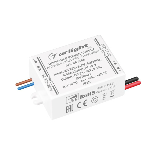 Блок питания ARPJ-SP-42100-PFC-TRIAC-MINI (4W, 21-42V, 100mA) Arlight 047584 Блок питания ARPJ-SP-42100-PFC-TRIAC-MINI (4W, 21-42V, 100mA) Arlight 047584