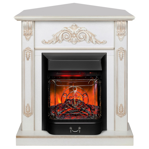 Каминокомплект ANITA CORNER/АНИТА УГЛ. Белый дуб с золотой патиной с очагом Электроочаг MAJESTIC LUX RC/МАДЖЕСТИК С ПУЛЬТОМ