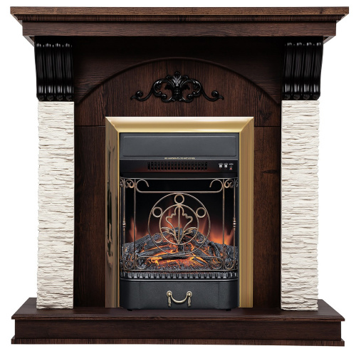 Электрокамин RealFlame Corfino NT орех с очагом Majestic Lux Brass