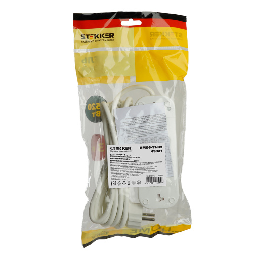 Удлинитель трехместный с/з  STEKKER HM06-31-02 3x1мм2, 2м, серия Home (У10-002), белый фото 4