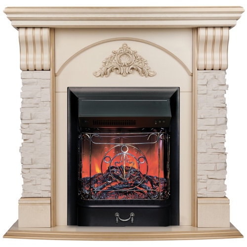 Каминокомплект ATHENA/АТЛАНТА Бежевый дуб с золотой патиной с очагом Электроочаг MAJESTIC LUX/МАДЖЕСТИК