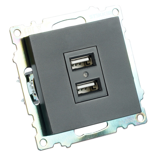 Розетка USB 2-местная (механизм), STEKKER GLS10-7115-05, 250B, 2,1А, серия Катрин, черный фото 6