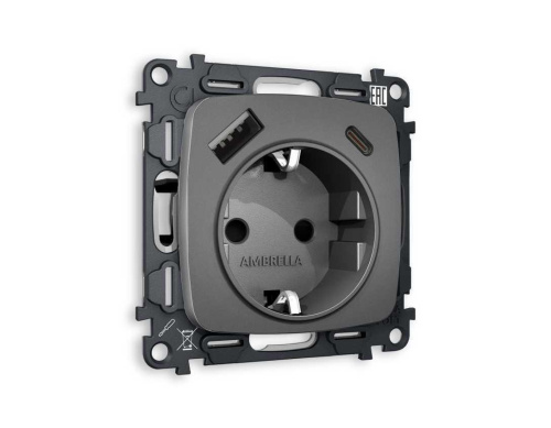 Комплект механизма электрической розетки AMBRELLA VOLT OMEGA Антрацит серый 2USB A+C 20W (быстрая зарядка) с/з QUANT (OP6600, VM160) MO660010 Комплект механизма электрической розетки AMBRELLA VOLT OMEGA Антрацит серый 2USB A+C 20W (быстрая зарядка) с/з QUANT (OP6600, VM160) MO660010