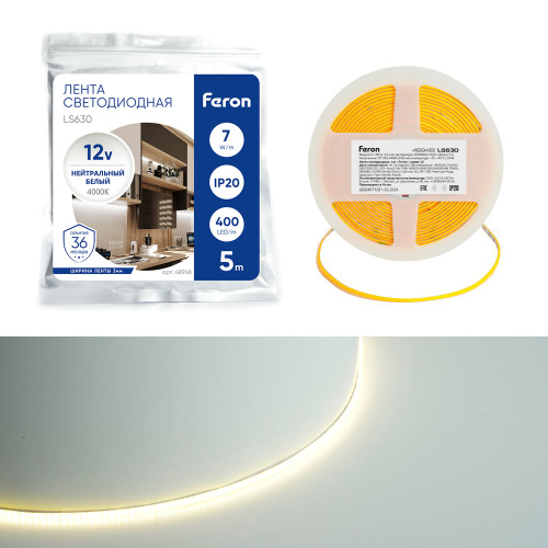 Светодиодная COB лента Feron LS630, 400SMD(2110)/ 7Вт/м 12V 5000*3*1.8мм 4000K, IP20