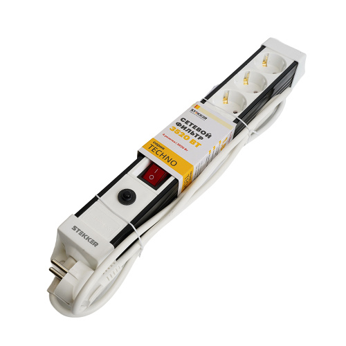 Сетевой фильтр 4-местный с/з STEKKER 3x1мм2, 5 м, 250В, 16А, серия Techno, HM22-41-05, белый фото 9