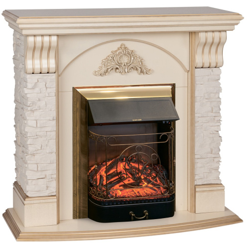 Электрокамин RealFlame Athena WT белый дуб с золотой патиной с очагом Majestic Lux Brass фото 2