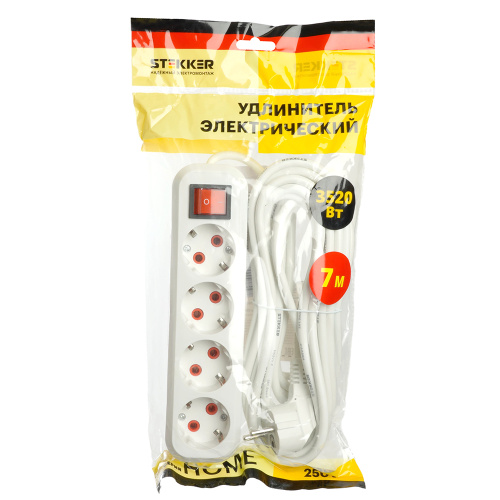 Удлинитель четырехместный с/з  с выключ. STEKKER HM07-41-07 3x1мм2, 7м, серия Home (У16А-003), белый фото 9