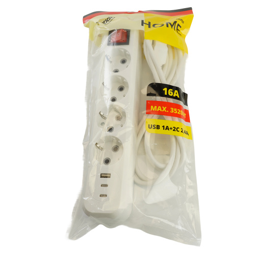 Удлинитель 4-местный с/з с выключ. STEKKER HM071-41-05 3x1мм2, 5м, 250В, 16А, 1USB+2C, 2.4A, сер Home, белый фото 9 Удлинитель 4-местный с/з с выключ. STEKKER HM071-41-05 3x1мм2, 5м, 250В, 16А, 1USB+2C, 2.4A, сер Home, белый фото 9