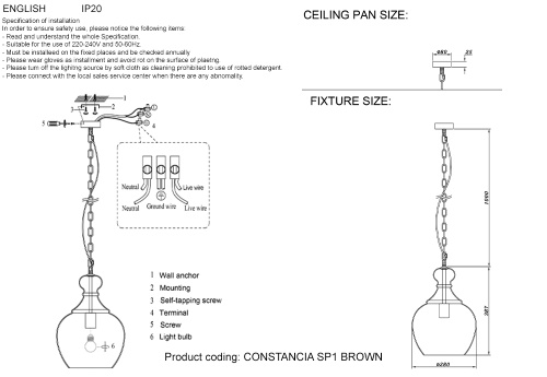 Светильник подвесной Crystal Lux CONSTANCIA SP1 BROWN фото 2