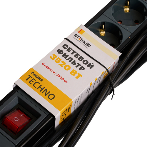 Сетевой фильтр 6-местный с/з STEKKER 3x1мм2, 3 м, 250В, 16А, серия Techno, HM22-61-03, черный фото 8